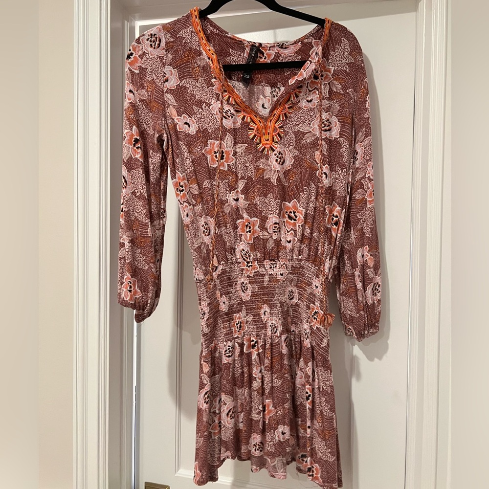 Banjanan Long Sleeve red Orange Print Boho Dress